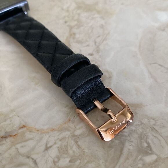 NEW Tahari Diamond Tank Style Quartz Watch Black & Rose Gold Faux Leather Strap - Picture 10 of 13